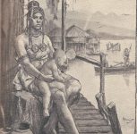 Femme avec bébé sur palafitte